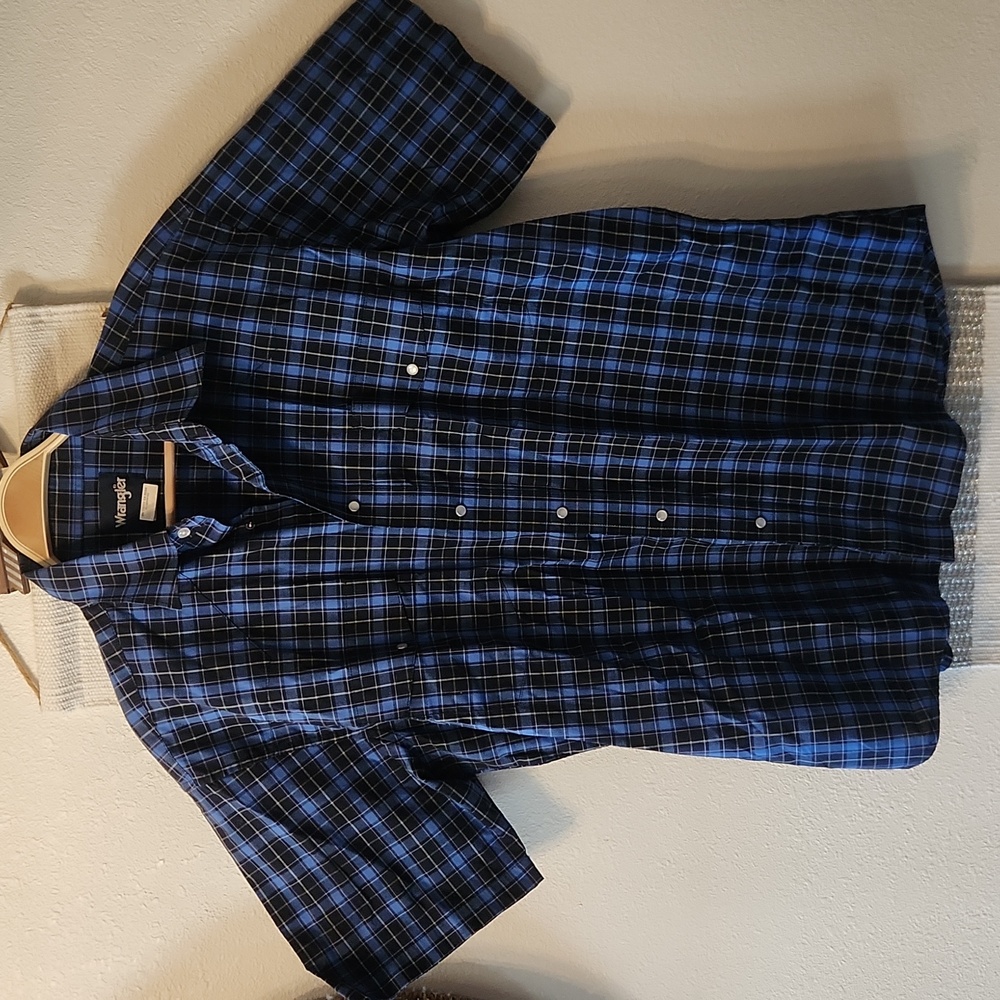 Wrangler Blue Plaid Shirt Pearl Snap XL